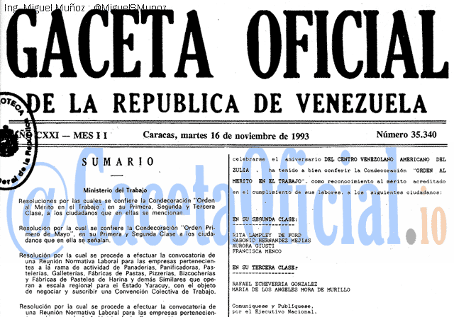Gaceta Oficial 35340 del 16 Noviembre 1993