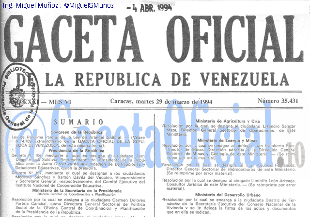 Gaceta Oficial 35431 del 29 Marzo 1994