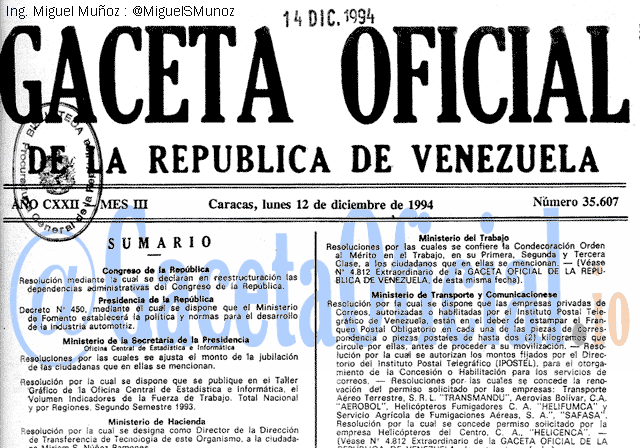 Gaceta Oficial 35607 del 12 Diciembre 1994