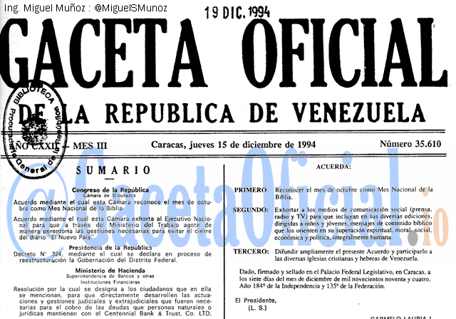 Gaceta Oficial 35610 del 15 Diciembre 1994