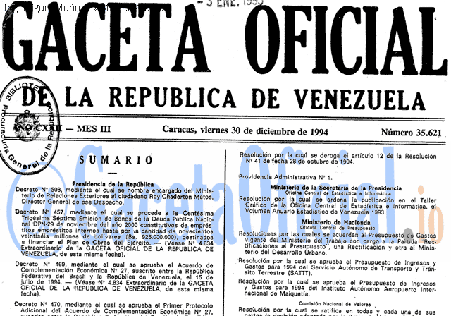 Gaceta Oficial 35621 del 30 Diciembre 1994