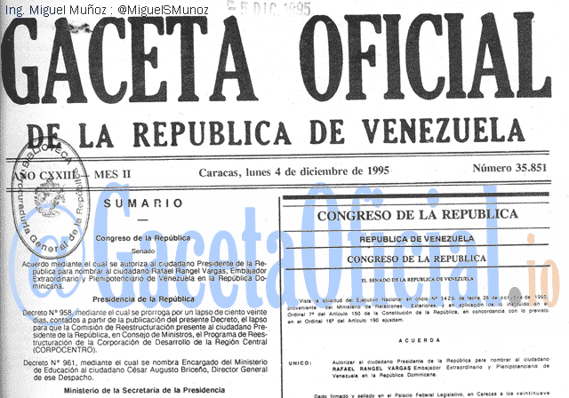 Gaceta Oficial 35851 del 4 Diciembre 1995