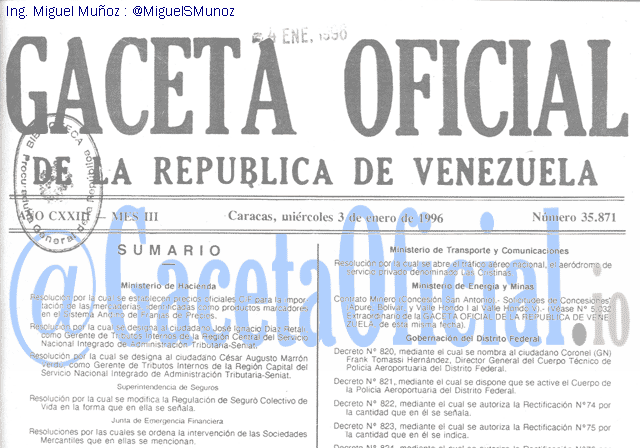 Gaceta Oficial 35871 del 3 Enero 1996