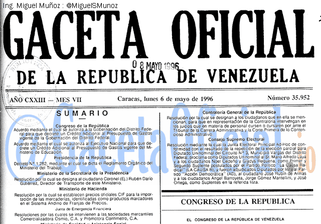 Gaceta Oficial 35952 del 6 Mayo 1996
