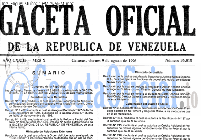 Gaceta Oficial 36018 del 9 Agosto 1996