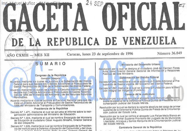 Gaceta Oficial 36049 del 23 Septiembre 1996