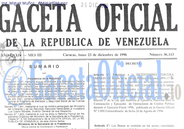 Gaceta Oficial 36113 del 23 Diciembre 1996