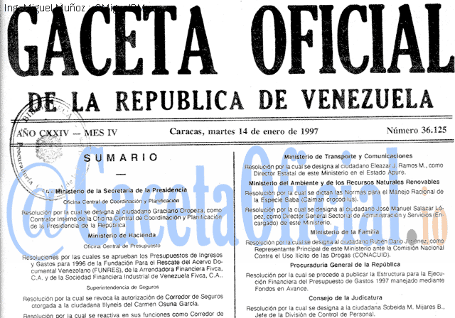 Gaceta Oficial 36125 del 14 Enero 1997