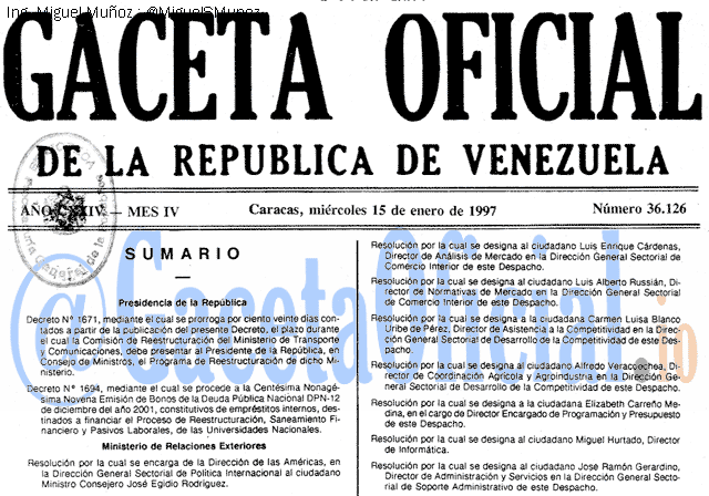 Gaceta Oficial 36126 del 15 Enero 1997