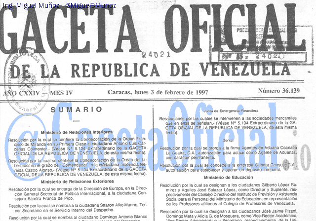 Gaceta Oficial 36139 del 3 Febrero 1997