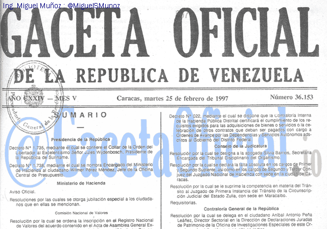 Gaceta Oficial 36153 del 25 Febrero 1997