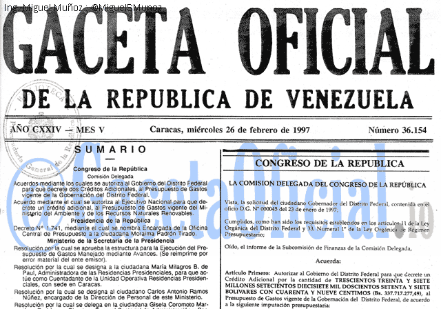 Gaceta Oficial 36154 del 26 Febrero 1997