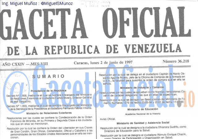 Gaceta Oficial 36218 del 2 Junio 1997