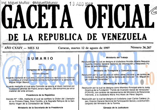 Gaceta Oficial 36267 del 12 Agosto 1997