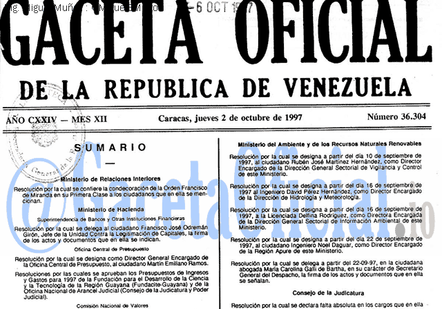 Gaceta Oficial 36304 del 2 Octubre 1997