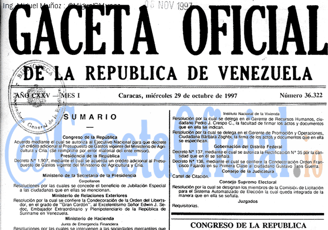Gaceta Oficial 36322 del 29 Octubre 1997