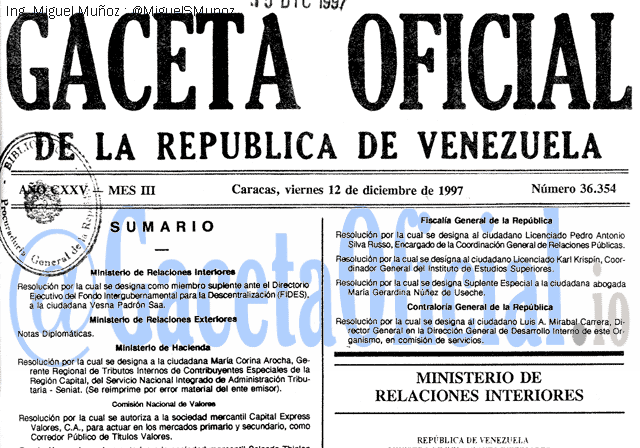 Gaceta Oficial 36354 del 12 Diciembre 1997