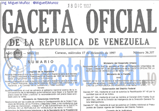 Gaceta Oficial 36357 del 17 Diciembre 1997