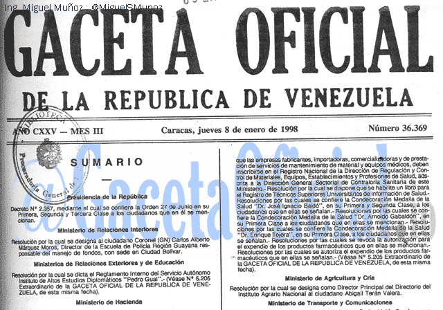 Gaceta Oficial 36369 del 8 Enero 1998
