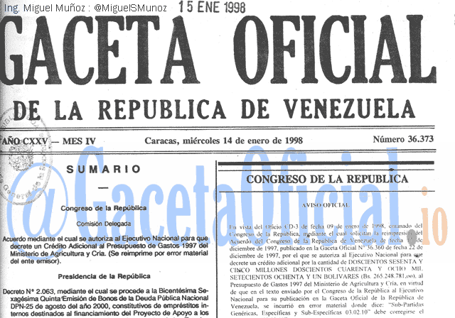 Gaceta Oficial 36373 del 14 Enero 1998