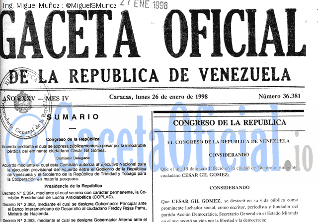 Gaceta Oficial 36381 del 26 Enero 1998