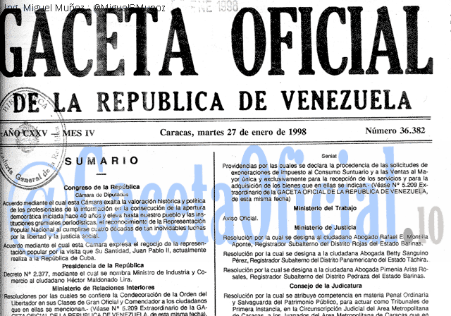 Gaceta Oficial 36382 del 27 Enero 1998