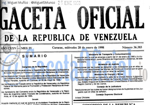 Gaceta Oficial 36383 del 28 Enero 1998