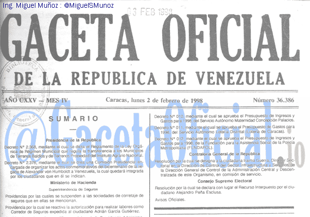 Gaceta Oficial 36386 del 2 Febrero 1998