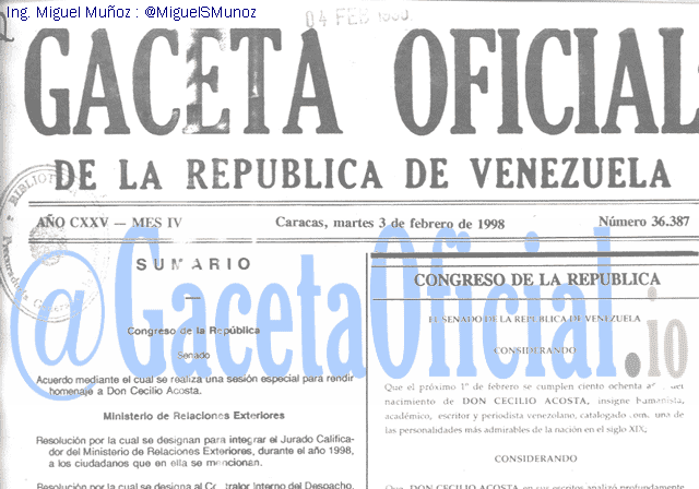 Gaceta Oficial 36387 del 3 Febrero 1998