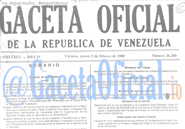 Gaceta Oficial 36389 del 5 Febrero 1998