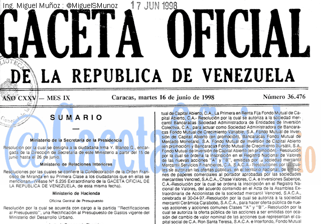 Gaceta Oficial 36476 del 16 Junio 1998