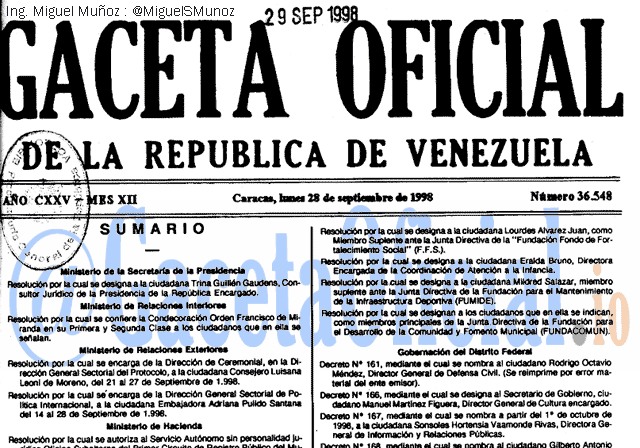 Gaceta Oficial 36548 del 28 Septiembre 1998