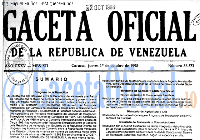Gaceta Oficial 36551 del 1 Octubre 1998