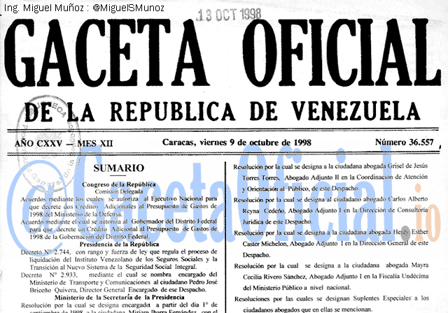 Gaceta Oficial 36557 del 9 Octubre 1998