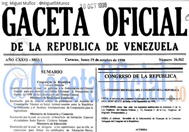 Gaceta Oficial 36562 del 19 Octubre 1998