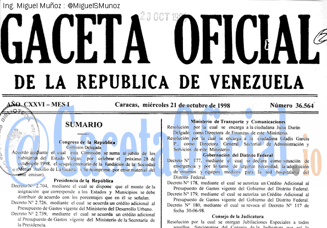 Gaceta Oficial 36564 del 21 Octubre 1998