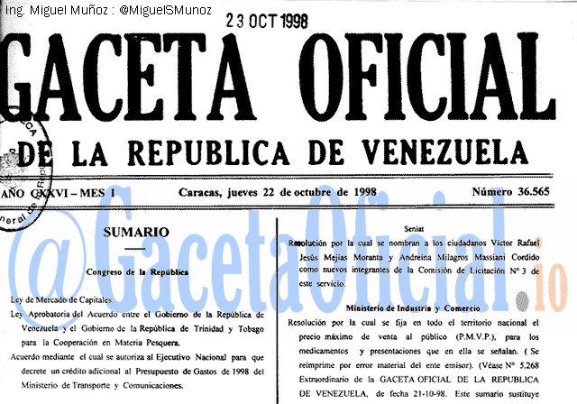 Gaceta Oficial 36565 del 22 Octubre 1998