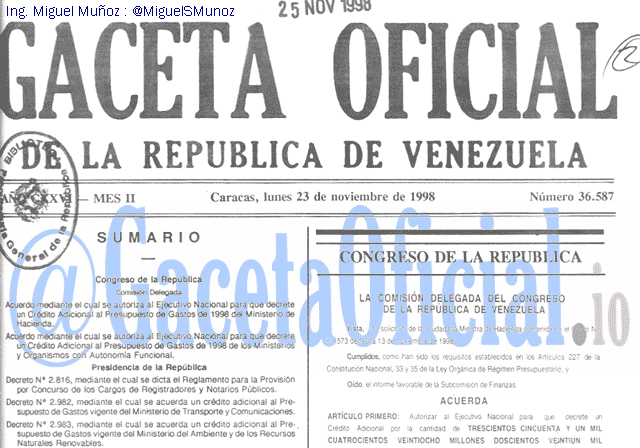 Gaceta Oficial 36587 del 23 Noviembre 1998