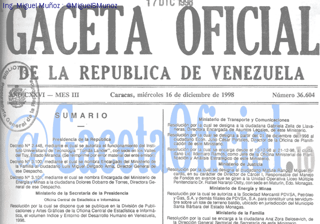 Gaceta Oficial 36604 del 16 Diciembre 1998