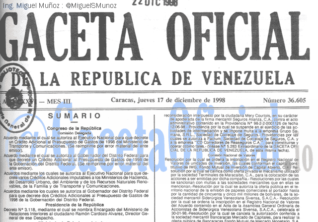 Gaceta Oficial 36605 del 17 Diciembre 1998