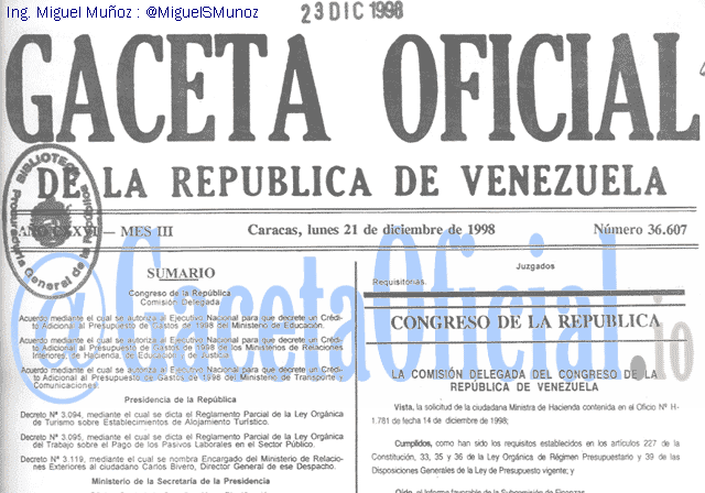 Gaceta Oficial 36607 del 21 Diciembre 1998