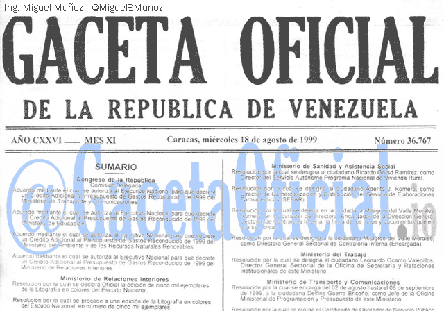 Gaceta Oficial 36767 del 18 Agosto 1999