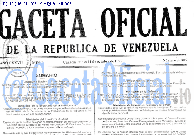 Gaceta Oficial 36805 del 11 Octubre 1999