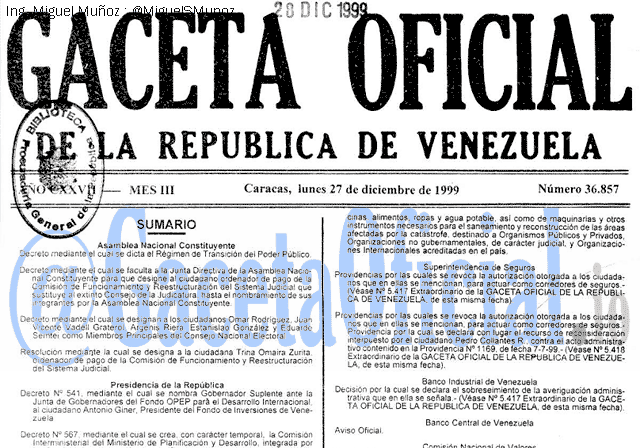 Gaceta Oficial 36857 del 27 Diciembre 1999