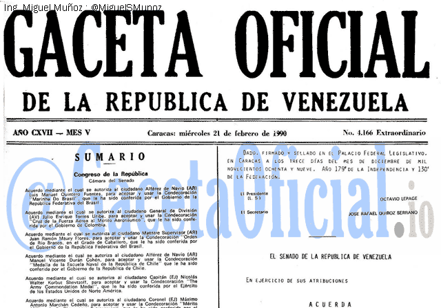 Gaceta Oficial 4166 del 21 Febrero 1990