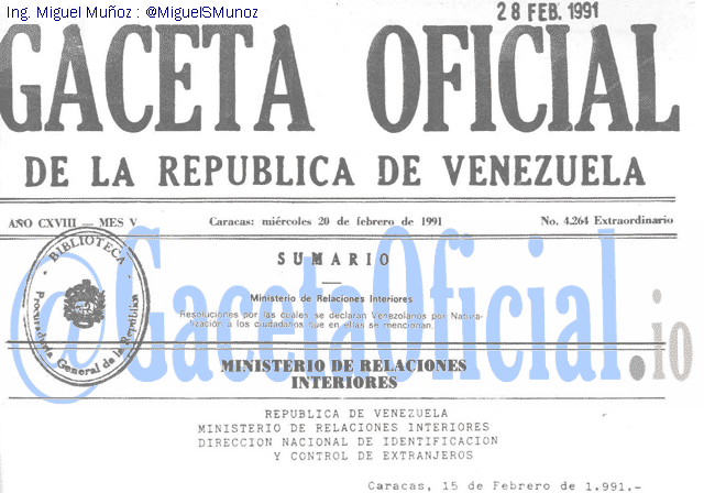 Gaceta Oficial 4264 del 20 Febrero 1991