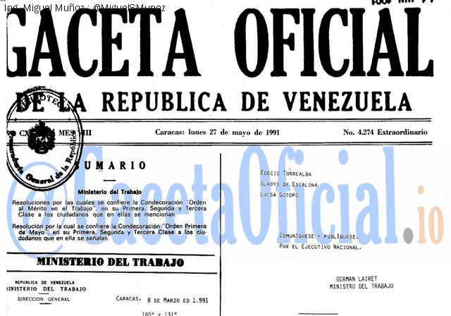 Gaceta Oficial 4274 del 27 Mayo 1991