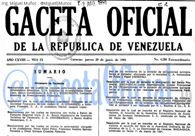 Gaceta Oficial 4280 del 20 Junio 1991