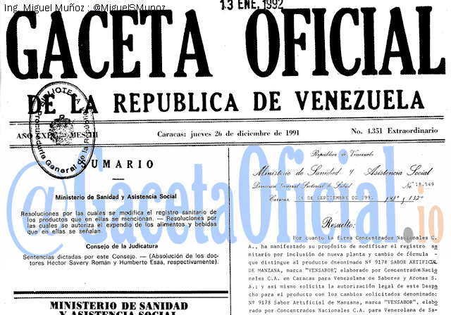 Gaceta Oficial 4351 del 26 Diciembre 1991