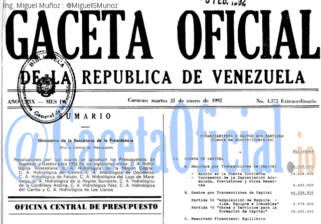 Gaceta Oficial 4372 del 21 Enero 1992